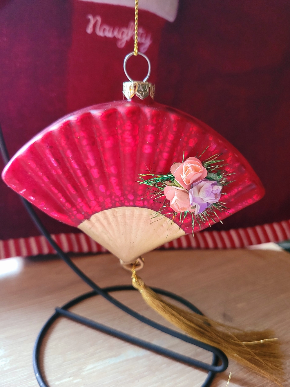 Ashland Red and Cream Fan Ornament with Pink and Purple Flowers